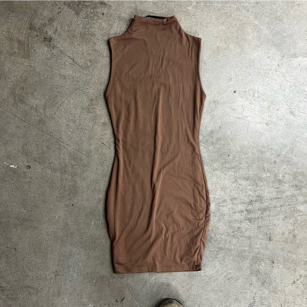 Tan sleeveless mock neck dress